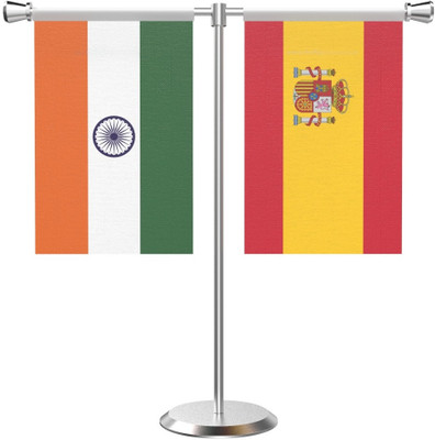 The Flag Company India & Spain T Shaped Table Flag with Stainless Steel Base and Pole Rectangle Table Miniature Flag(Polyester)