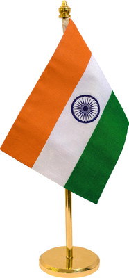 ZAHEPA Indian Table Flag of Khadi Fabric with Gold Plated Metal Base A-Foldable Table Miniature Flag(Cotton)