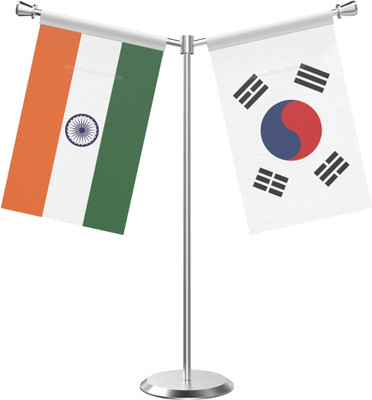 The Flag Company Y Shaped India and South Korea Table Flag With Stainless Steel Base And Pole Rectangle Table Miniature Flag(Polyester, Pack of 1)