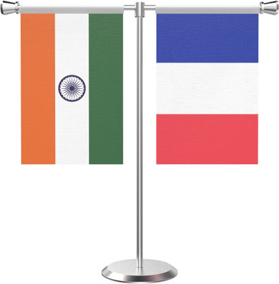 The Flag Company India & France T Shaped Table Flag with Stainless Steel Base and Pole Rectangle Table Miniature Flag(Polyester)