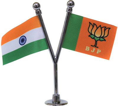The Flag Shop India & BJP Miniature Car Dashboard Flags with A Y-Staff & Nano Base (Chrome) Rectangle Car Dashboard Flag(Polyester)