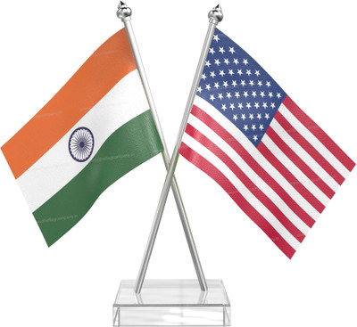 The Flag Company India USA Table Flag With Stainless Steel pole and transparent acrylic base Rectangle Table Miniature Flag(Polyester)