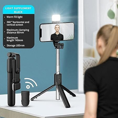 SHAH ENTERPRISES R1S Bluetooth Selfie Stick with Remote and LED Selfie Light Flash Flash(Black)