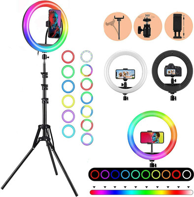 shipsify 10inch RGB Light with Tripod Stand & Phone Holder for YouTube Video, Makeup Ring Flash(Black)