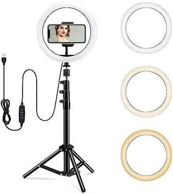 Deeshora 2.1m tripod with 10 inch Ring Light,3 Colors Light Mode,Level,Live Stream Ring Flash(White)