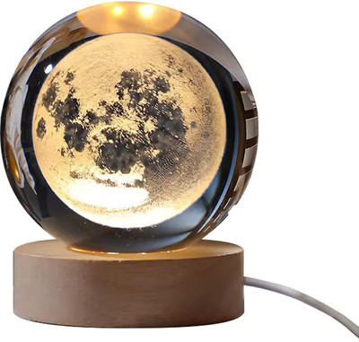 SHOPOGENIX 3D Crystal Ball Lamp, Night Light with Wooden Base Moon Design Galaxy Models Night Lamp(8 cm, Yellow)