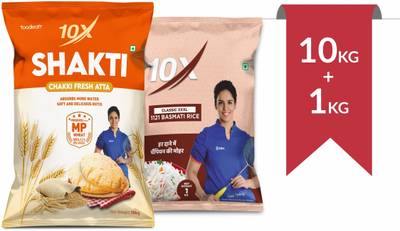 10x SHAKTI CHAKKI FRESH ATTA 10KG + CLASSIC XXXL 1121 BASMATI RICE - 1KG