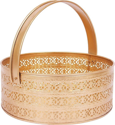 INDIAN ARTISANS MULTIPURPOSE BASKET/ GOLDEN METAL BASKET WITH HANDLE/ 25cm diameter Iron Flower Basket(W: 25 cm x H: 11 cm x D: 25 cm)