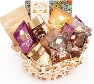 Jaiccha Jute Hexagon Basket with bites and Milk Cake Combo(Mixed Salted Dryfruits (100 gms), 6 Pouches Bites (150 gms), 2 Pouches of Chocochip Cookies, Coffee (50 gms), Mukhwas (70 gms), Milk Cake (200 gms))