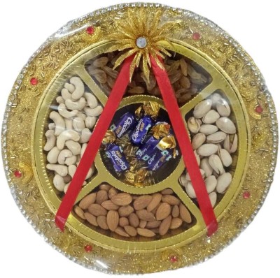 Happy Basket By Simran Golden Round Dry Fruit Tray with Chocolates – Elegant Diwali Gift Hamper Combo(Almonds - 50g, Cashews - 50g, Raisins - 50g, Pistachios - 50g, Chocolairs - 6)