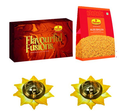 Haldiram's Flavourful Fusions - Ghee (500g), Aloo Bhujia (200g) with 2 Small Brass Diya Combo(700g)