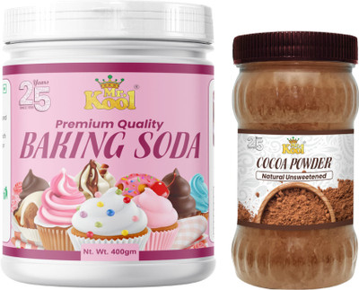 Mr.Kool Baking Soda Jar 400gm and Natural Unsweetened Cocoa Powder 200gm.Pack of 2 Combo(400gm, 200gm)