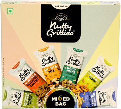 Nutty Gritties Grab And Go Mixed Bag 230g | Combo(Almonds Roasted Salted 40g, Pistachios Roasted Salted 35g, Daily Nuts 35g, Sports Mix 40g, Thai Chilli Blend 40g, Pepper Cashews 40g)