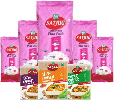 SATJUG PINK PACK BASMATI RICE WITH MASALA COMBO Combo(RICE 5 KG, shahi paneer masala mix 28gm*2=56GM, SOYA CHAAP 32GM*2=64GM, MATAR PANEER MASALA MIX 26GM*2=52GM)