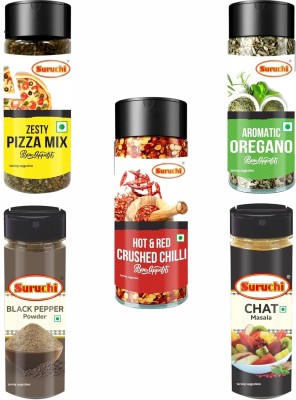 Suruchi Seasoning Herbs Combo of 5 | All Natural & Healthy Seasoning & Chat Masala Combo(Zesty Pizza Mix - 50g, Aromatic Oregano - 30g, Hot & Redrush Chilly - 50g, Black Pepper - 50g, Chat Masala - 100g)