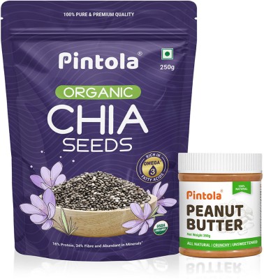 Pintola All Natural Peanut Butter (Crunchy) Unsweetened 350g & Organic Chia Seeds 250g Combo(600 g)