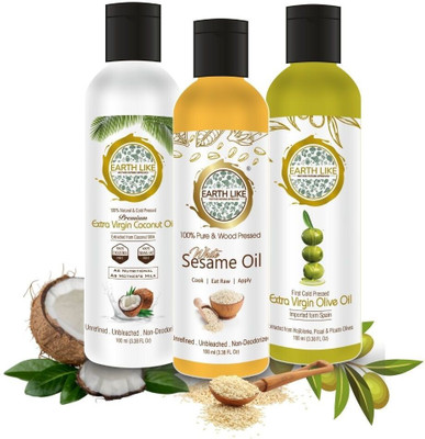 Earth Like Extra Virgin Olive Oil & Coconut Oil 100ML (Pack of 2)| White Sesame Oil 100ML Combo(100ML, 100ML, 100ML)