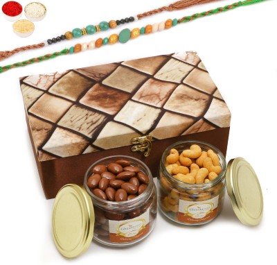 Ghasitaram Gifts Miracle Box-2 Jars Of Choco Almonds,Crunchy Cashews With 2 Green Beads Rakhis Combo(Choco Almonds 150g-Crunchy Cashews 150g-2 Green Beads Rakhis-Roli-Chawal-Chandan)