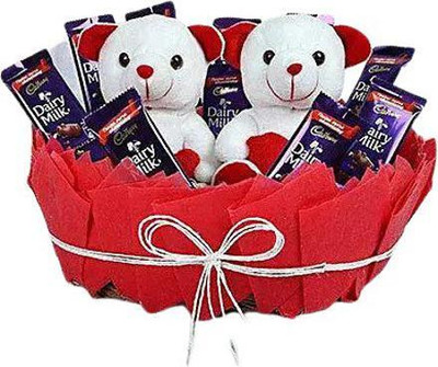 Cadbury Chocolatey Basket of Teddy Bears | Gift For Your Loved Ones| Combo(Dairymilk Chocolate- 10, Teddy Bears - 2, White Yarn-1)