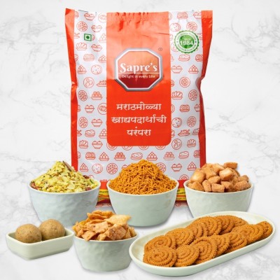 sapre's Festival Delight(6-in-1) | for Gifting, Gathering & Travelling Sweet/Spicy Snack Combo(Poha Chivda 100gm, Pure Ghee Besan Laddu 140gm, Tikhat/Spicy Shev 100gm, Bhajani Chakali 100gm, Sweet Shankarpali 150gm, Salty Shankarpali 80gm)