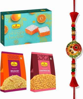 Haldiram's Orange Burfee(500g),Chatpata Dal(200g),Bhujia Sev(400g) With Rakhi Combo(Orange Burfee-500g,Chatpata dal-200g,All in One-200g)