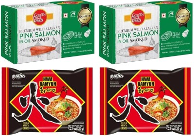 Golden Prize Smoked Pink Salmon Fillets in Oil 120g(2 Unit) & Hwa Ramyun Noodle 120g(2 Unit) Combo(480gm)