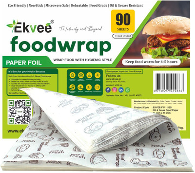 EKVEE 90 Butter Paper Food Wrapping Sheets 11x11 Inch, 42 GSM, FDA Approved Non-Stick Parchment Paper(27 m)