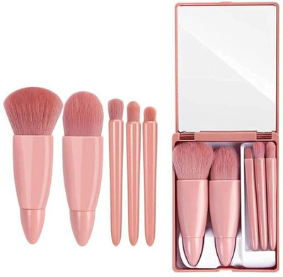 Shivamtraders Mini Makeup Brushes Set with Mirror 5 Pcs Brushes Kit Case (Pack of 1)(Multicolor)