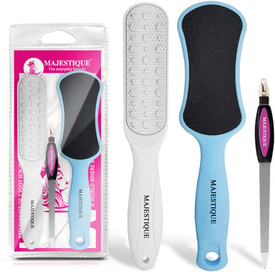 MAJESTIQUE Set of 2 Foot Scrubbers & Nail Filer with Cuticle Remover - 3Pcs/Multicolor