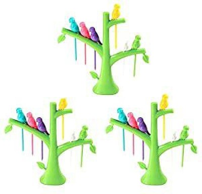 TruClick Bird Fruit Snack Dessert Forks+ Tree Shape Holder (Pack of 3) Disposable Plastic Fruit Fork Set(Pack of 3)