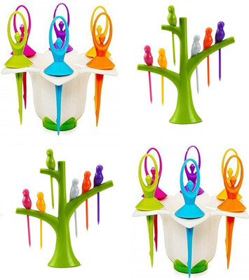 Flipkart SmartBuy Plastic Dancing Doll & Bird Fruit Fork Set With Stand, 6 PCS Fork in Each Stand Disposable Plastic Fruit Fork Set(Pack of 4)