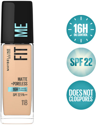 MAYBELLINE NEW YORK Matte+Poreless Liquid Foundation (With Pump & SPF 22) Foundation(118 Light Beige, 30 ml)