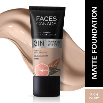 FACES CANADA All Day Hydra Matte Foundation | 3 in 1 - Foundation + Moisturizer + SPF 30 Foundation(Rich Ivory, 25 ml)