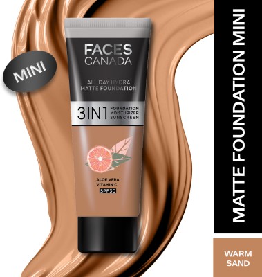 FACES CANADA All Day Hydra Matte (Mini) | 3 in 1 Moisturizer + SPF 30 + Foundation(Warm Sand, 15 ml)