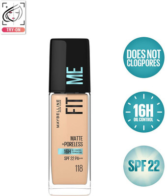 MAYBELLINE NEW YORK Matte+Poreless Liquid Foundation (With Pump & SPF 22) Foundation(118 Light Beige, 30 ml)
