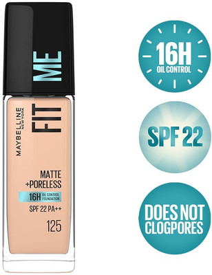 MAYBELLINE NEW YORK Matte+Poreless Liquid Foundation (With Pump & SPF 22) Foundation(125 Nude Beige, 30 ml)
