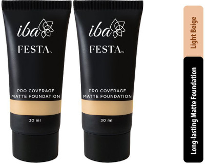 Iba Festa PRO Coverage Matte Foundation | Long Lasting| Lightweight & Oil Free (Pack of 2) Foundation(02 Light Beige, 60 ml)