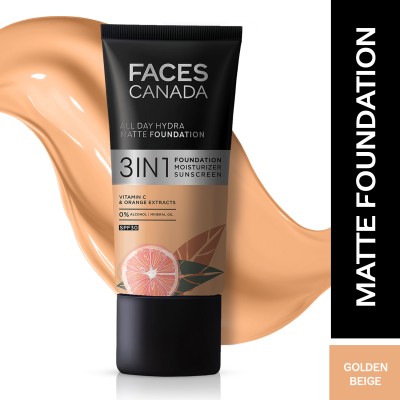 FACES CANADA All Day Hydra Matte Foundation | 3 in 1 - Foundation + Moisturizer + SPF 30 Foundation(Golden Beige, 25 ml)