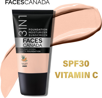 FACES CANADA All Day Hydra Matte | 3 in 1 Moisturizer + SPF 30 + Waterproof Foundation(Rose Ivory 011, 18 ml)
