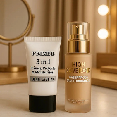 balaan's beauty bazar High Coverage Waterproof Foundation 3in1 Primer Long Lasting Foundation (50 Ml) Foundation(Multicolor, 50 ml)