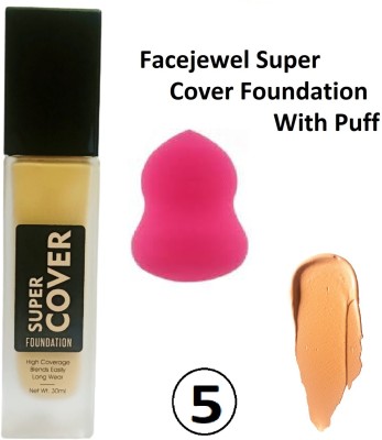 Facejewel High Coverage Blends Easily Long Wear Super Cover Foundation With Makeup Sponge Foundation(Shade-5, 30 ml)