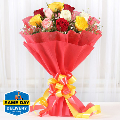 Multicolor Fresh Multicolor Roses Bouquets(10 Flowers)