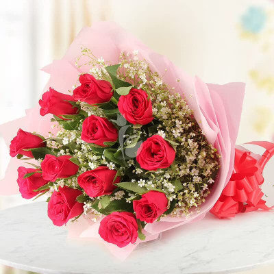 Red Fresh Red Roses Bouquets, Flower Basket(12 Flowers)