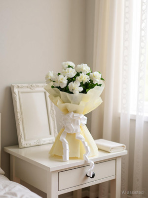 Fresh White Carnation Bouquet (8 Flowers) with White Wrap and Murraya Fillers Fresh White Carnations Bouquets(8 Flowers)