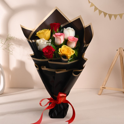Live Flower Bouquet of 8 Mix Roses Flowers Fresh Live Flower Bouquet of 8 Mix Roses Flowers Rose Bouquets(8 Flowers)