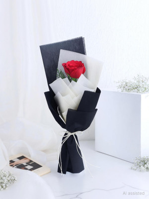 Fresh Live Flower Bouquet of 1 Red Rose, Yellow Wrap with Morpankhi Leaves Fresh Red Rose Flower(1 Flower)