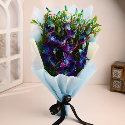 Floweraura Fresh Fresh Live Flower Bouquet of 3 Blue Flowers Orchids Bouquets, Flower Basket(3 Flowers)