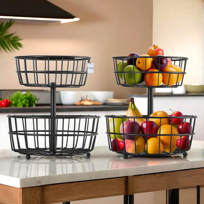 HOMESTIC by Kuber Industries Pack of 2 Metal 2-Layer Fruit Basket for Dining Table | Black Iron Fruit & Vegetable Basket(Black, Steel)