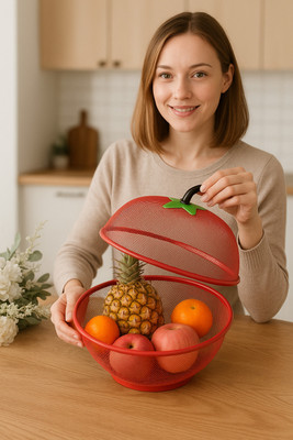 MOGADGET Apple Shape Fruits &1q2 Vegetables Basket for Kitchen With Net Cover Stainless Steel Fruit & Vegetable Basket(Red)