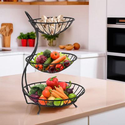 KUBER INDUSTRIES Metal 3-Layer Aalu Pyaj/onion Storage Basket & Circular Side Stand | Black Steel Fruit & Vegetable Basket(Black)